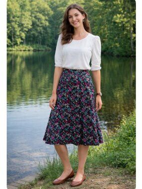 Kim Rogers Black Floral Summer A-Line Pull-On Skirt